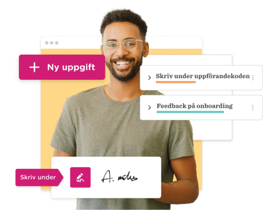 man smiling with glasses holding a digital signature icon, task lists on screen in the background, vibrant color scheme, digital signature task onboarding feedback