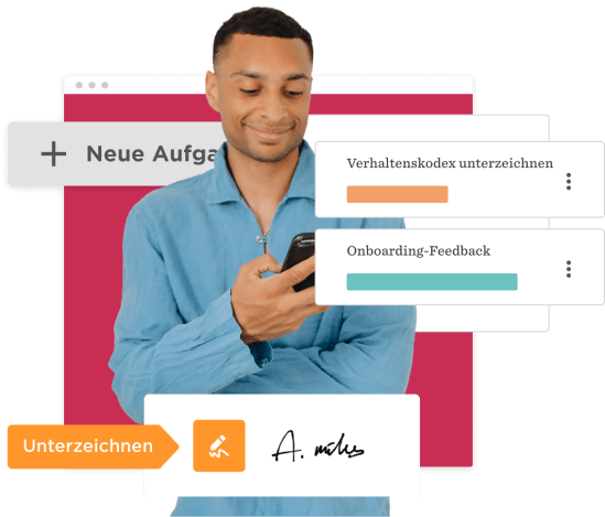 man using smartphone with digital task interface in background, highlights onboarding feedback and signature section, user interface showing onboarding tasks and signature action