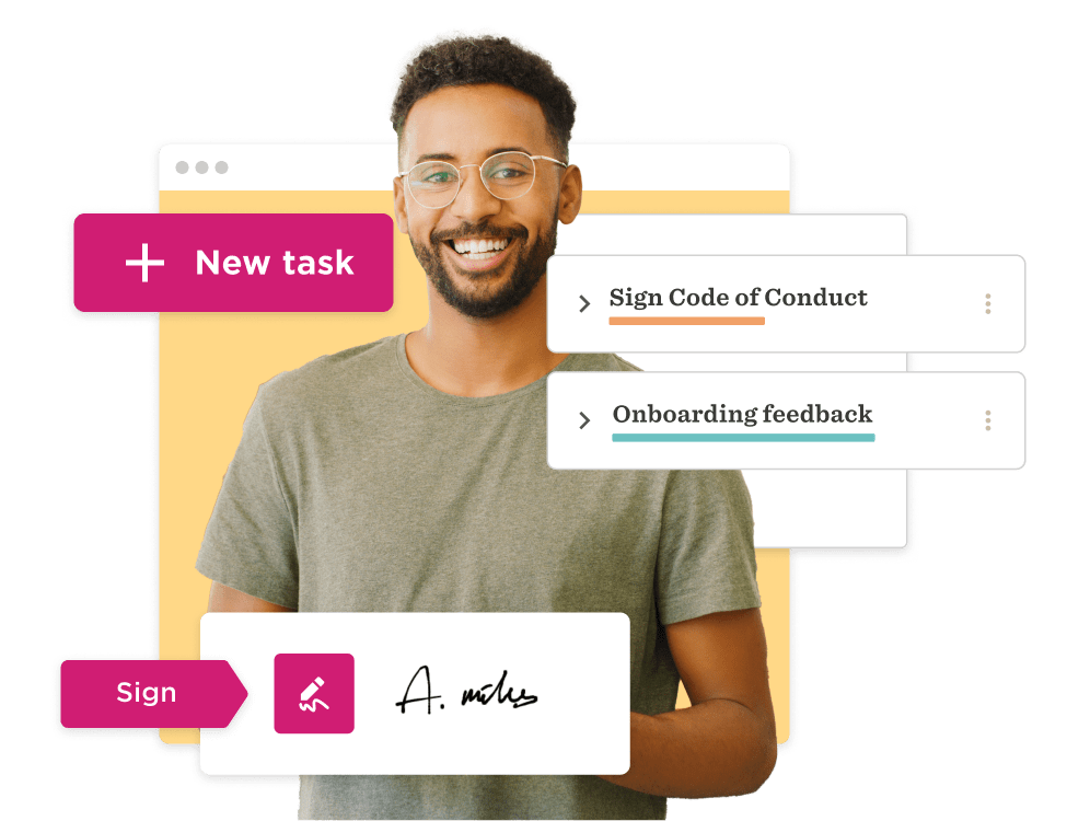 smiling man with glasses holding a digital signature document, tasks for signing including code of conduct and feedback