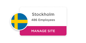 Stockholm site information card with Swedish flag, employee count, and manage site button., Stockholm, SwedishFlag