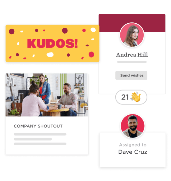 Kudos celebration with coworkers in a vibrant office, featuring an interactive company shoutout and profiles., Kudos, CompanyShoutout