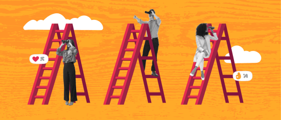 ladders, people, binoculars, colorful-background