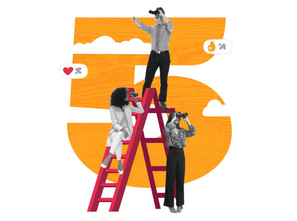 people with binoculars, colorful ladder representing growth and exploration