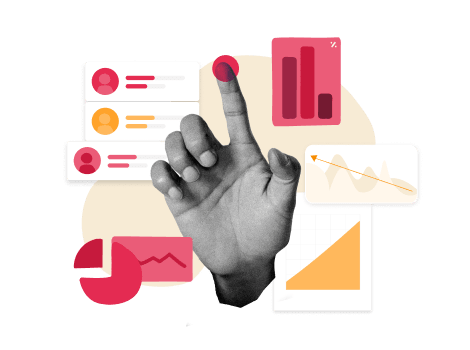 hand pointing at data graphs and user information in a digital interface, visualization of analytics and user engagement