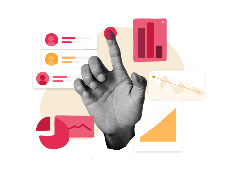 hand touching data graphs and charts on a digital interface, colorful visual analytics and performance trends representation