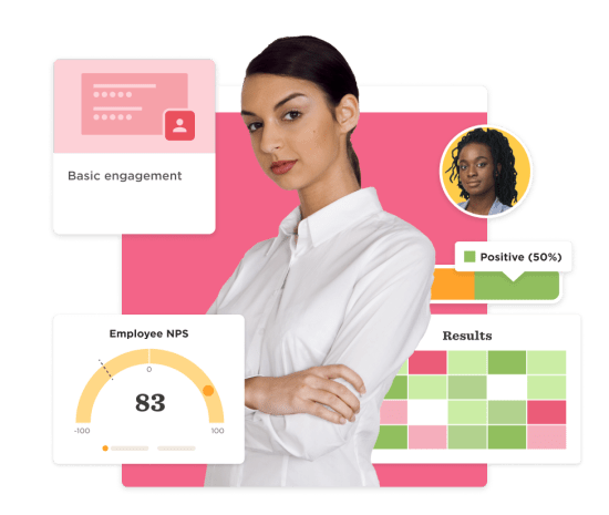 professional woman with arms crossed, employee engagement metrics and positive results visualizations