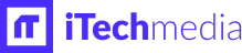 iTechmedia logo in purple, modern design featuring a square icon and bold text for branding, tech brand identity, digital media focus