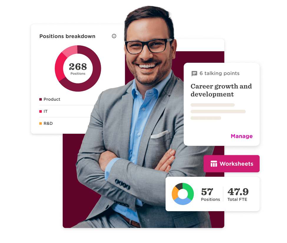 career growth dashboard, smiling professional with data visualizations and position breakdown statistics