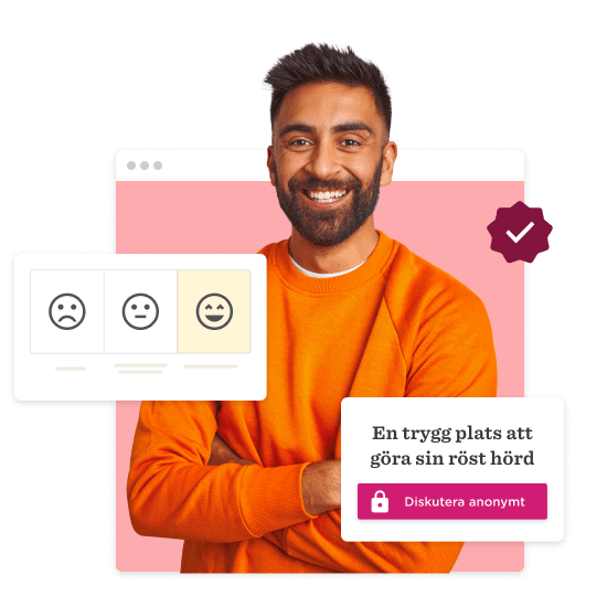 man in orange sweater smiling with feedback icons and text about anonymous discussion, positive user experience and engagement