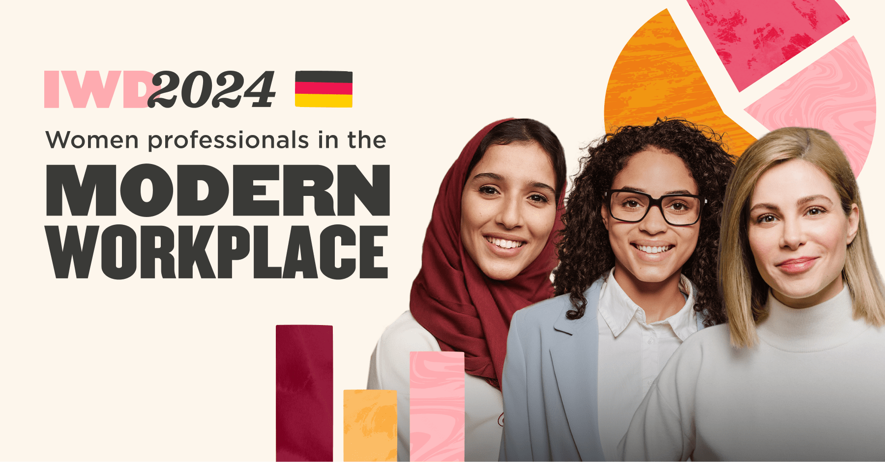 IWD2024, Women professionals in the modern workplace showcasing diversity with colorful graphics and confident expressions
