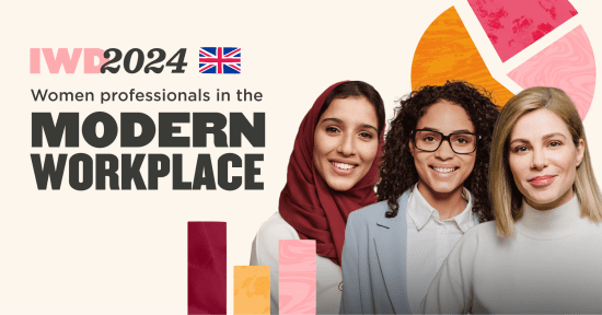 IWD2024, Women professionals in modern workplace, diverse group with visual elements emphasizing inclusivity and empowerment.