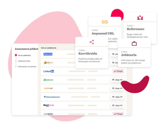 job posting interface with various job listing options and features like career page, reference building, and custom URLs, visual elements highlight job advertisement channels and tools for employers