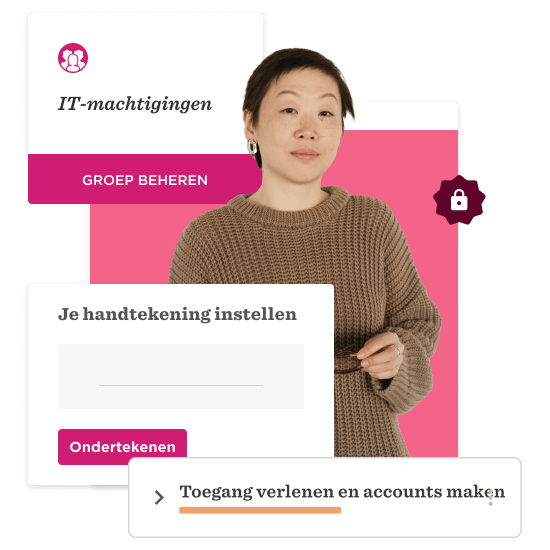 IT permissions management interface with a woman in a sweater, showcasing features like signature setup and access control. IT, permissions, management