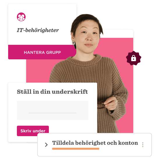 IT permissions interface with a woman in a cozy sweater, highlighting tasks like signing and managing group access. IT-behörigheter, Skriva under