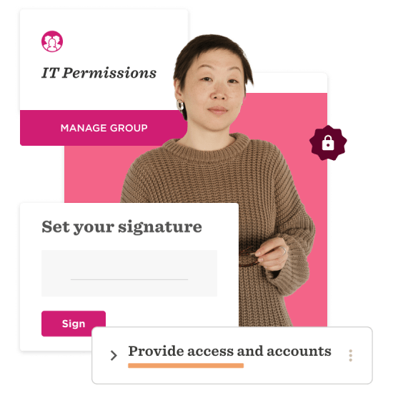 IT permissions management interface with a woman in a brown sweater, highlighting signature setup and access options. , ITPermissions, SignatureSetup