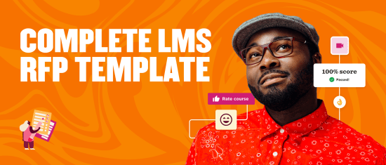 complete LMS RFP template with rating system, smiling man in red shirt, orange background, and course score indicators, LMS RFP template with user rating, cheerful user, vibrant design, learning management context