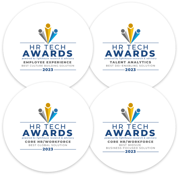 HR Tech Awards 2023 logos featuring categories like Best Culture Building and Best Global Solution., HR Tech Awards 2023 business solutions logos,