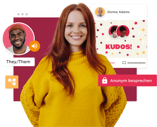 smiling woman in a yellow sweater with digital interface elements displaying audio features and social interaction, diverse digital platform promoting inclusivity and communication