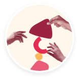 hands arranging colorful shapes, abstract art with red, yellow, and pink elements in a circular composition