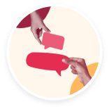hands exchanging message bubbles, colorful communication symbols in a modern digital context