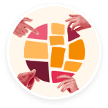 hands arranging colorful overlapping squares, collaborative design concept with vibrant shapes and diverse hand gestures