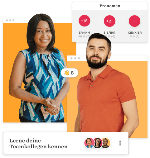 portrait of diverse professionals, cheerful greetings, highlighted pronouns data, and text about team introduction, team collaboration and identity recognition