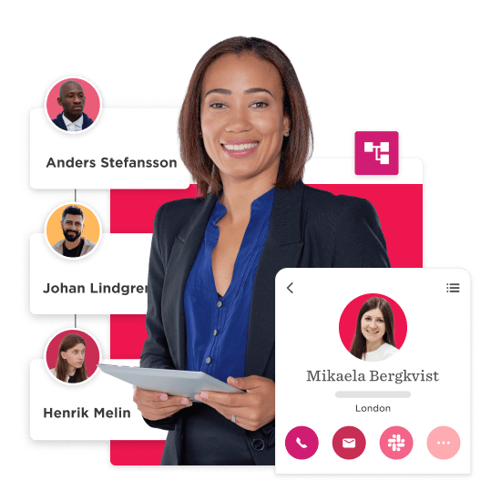 professional woman smiling with tablet, displayed contacts, modern interface showcasing users and communication options, business networking and communication technology