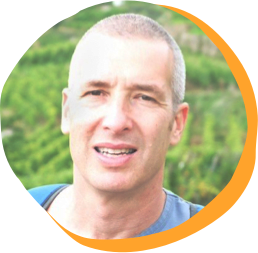 man smiling with shaved head in vineyard, green vineyard background with rows of grapevines and soft lighting