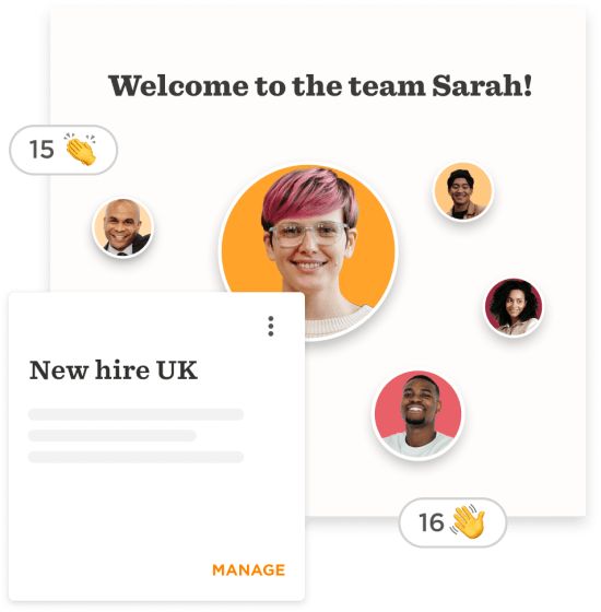 welcome team Sarah, new hire UK announcement and smiling faces in a vibrant team introduction layout