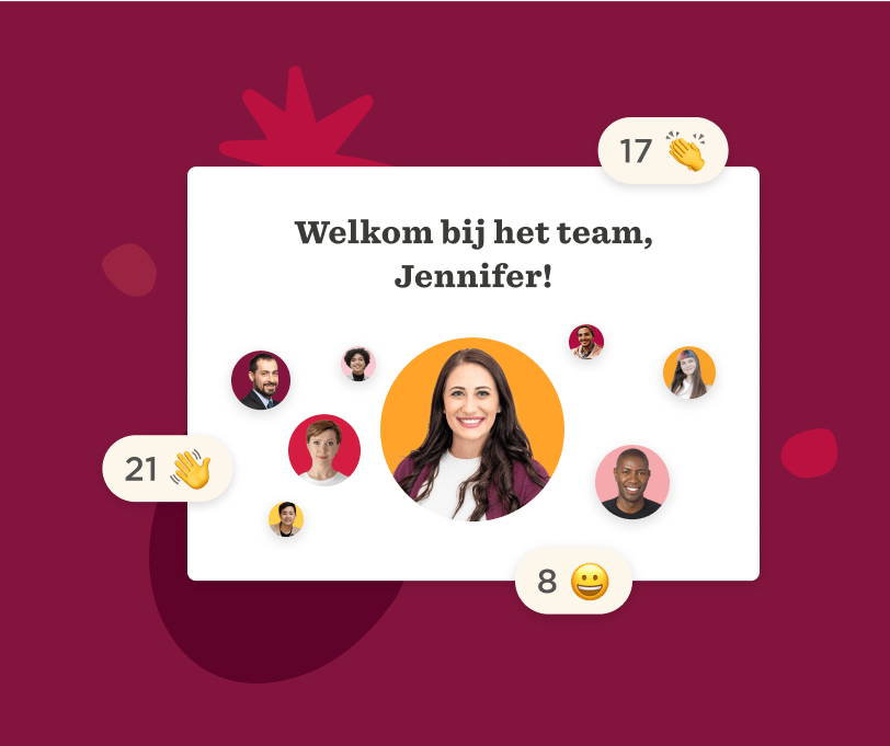 welkom bij het team voor Jennifer met teamleden en emojis, teamgroet, verwelkoming