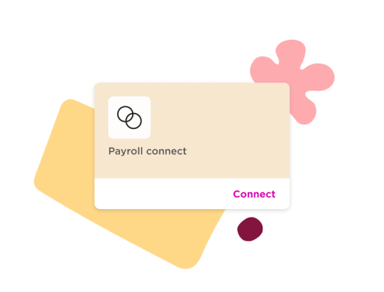 Payroll connect card with icons on colorful background, featuring 'Connect' button in vibrant pink., Payroll connect card, Connect button in pink