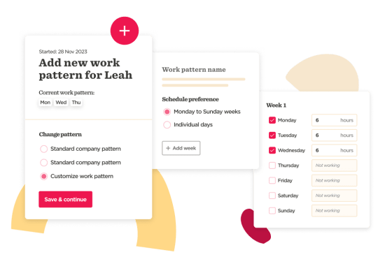 work pattern management interface for Leah, showing schedule preferences and work hours for the week, customizable work schedule options, user-friendly layout