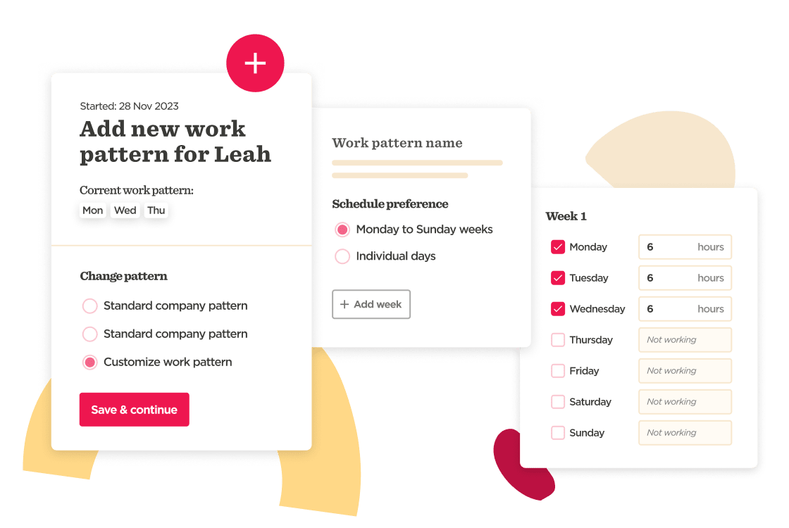 work pattern management interface for Leah, showing schedule preferences and work hours for the week, customizable work schedule options, user-friendly layout