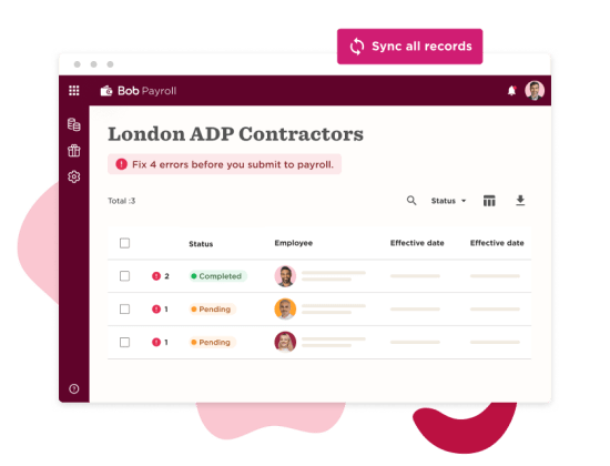 Bob Payroll interface showing London ADP Contractors with error notifications, employee status, and effective dates. , BobPayroll, LondonADPContractors