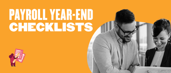 payroll year-end checklists teamwork, smiling professionals reviewing documents in a vibrant workspace