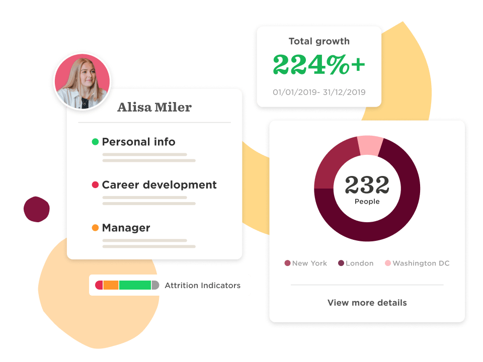 Alisa Miller profile with growth data, career development indicators, and employee distribution by city. 224% growth, Employee statistics with attrition indicators, infographic style presentation, and vibrant design elements.