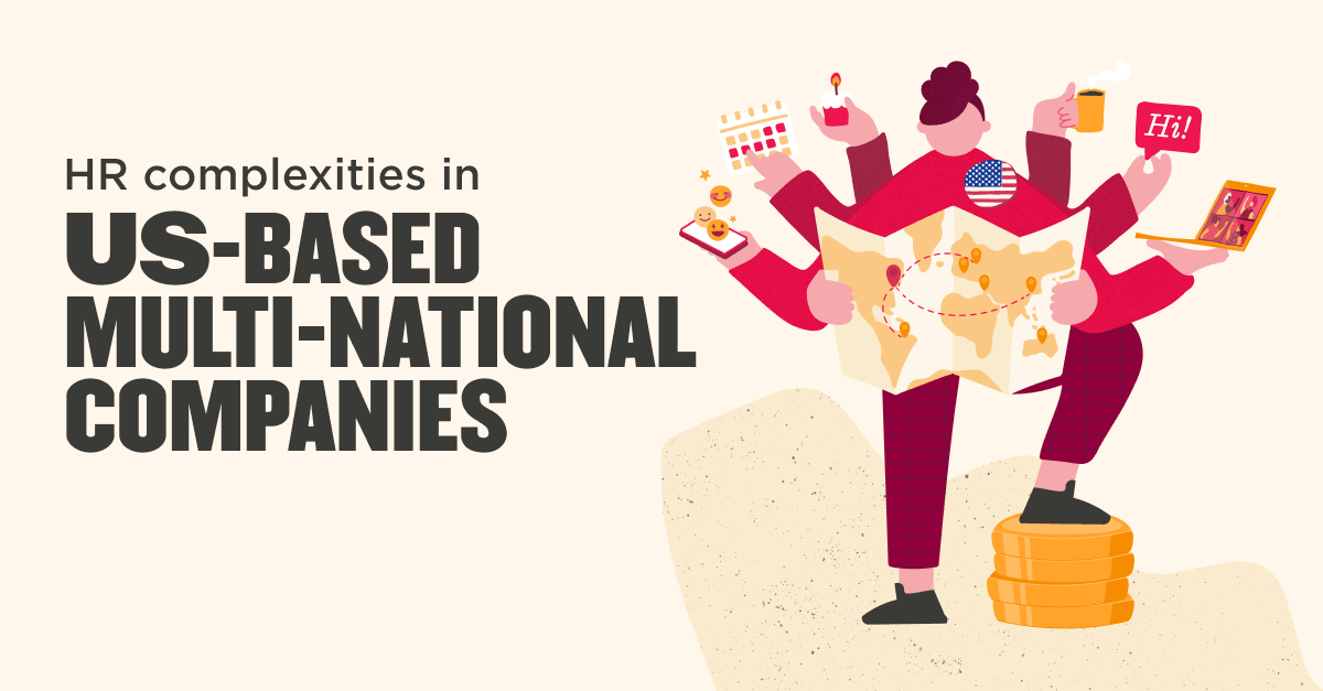 US-based multinational companies HR complexities illustrated with a person holding a map, phone, and various business tools, HR challenges in global business represented with vibrant visuals and diverse icons.