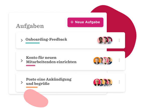 Aufgabenübersicht mit drei To-Do-Elementen und Profilbildern in einer modernen Benutzeroberfläche., To-Do-Liste mit Aufgaben für Mitarbeiter-Management und Onboarding.