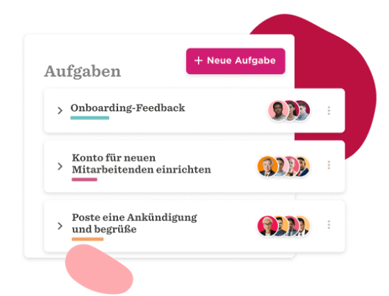 Aufgabenübersicht mit drei To-Do-Elementen und Profilbildern in einer modernen Benutzeroberfläche., To-Do-Liste mit Aufgaben für Mitarbeiter-Management und Onboarding.