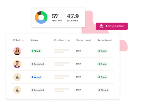 57 positions data overview with status indicators for recruitment in R&D department, add position button visible. Filled, Vacant