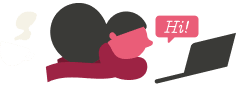 Illustration of a person with a cape, lying on the floor while typing on a laptop, with a speech bubble saying 'Hi!' and a steaming cup of coffee nearby.