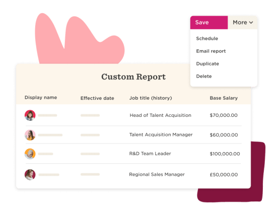 Custom report displaying job titles and salaries in a modern interface with action options. Includes colorful graphics. , custom-report, job-titles-and-salaries