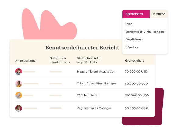 Benutzerdefinierter Bericht mit Stellenangeboten und Gehältern, inklusive Optionen zum Speichern und Versenden., Stellenangebote, Gehaltsübersicht