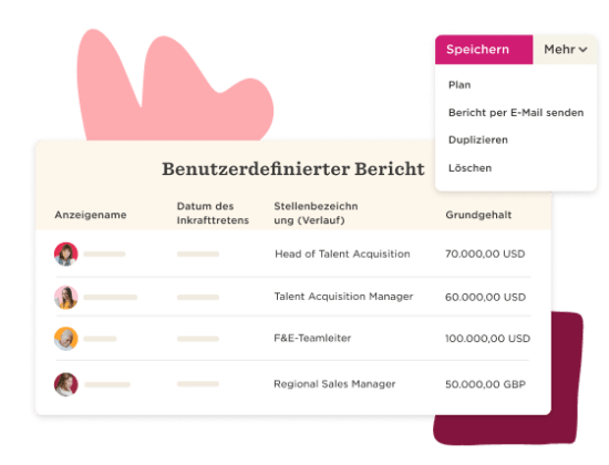 Benutzerdefinierter Bericht mit Stellenangeboten und Gehältern, inklusive Optionen zum Speichern und Versenden., Stellenangebote, Gehaltsübersicht