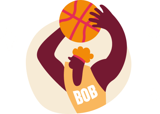 Illustration of a basketball player wearing an orange jersey with 'BOB' written on it, preparing to shoot a basketball into the hoop, with arms raised and a focused stance.
