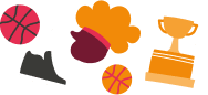 Illustration featuring basketball-themed elements, including two basketballs, a trophy, a black sneaker, and an orange foam hand, arranged against a light background.