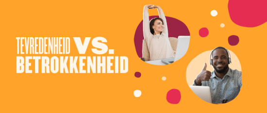 tevredenheid-vs-betrokkenheid, vrouw-glimlacht-en-man-met-hoofdetelefoon-positief