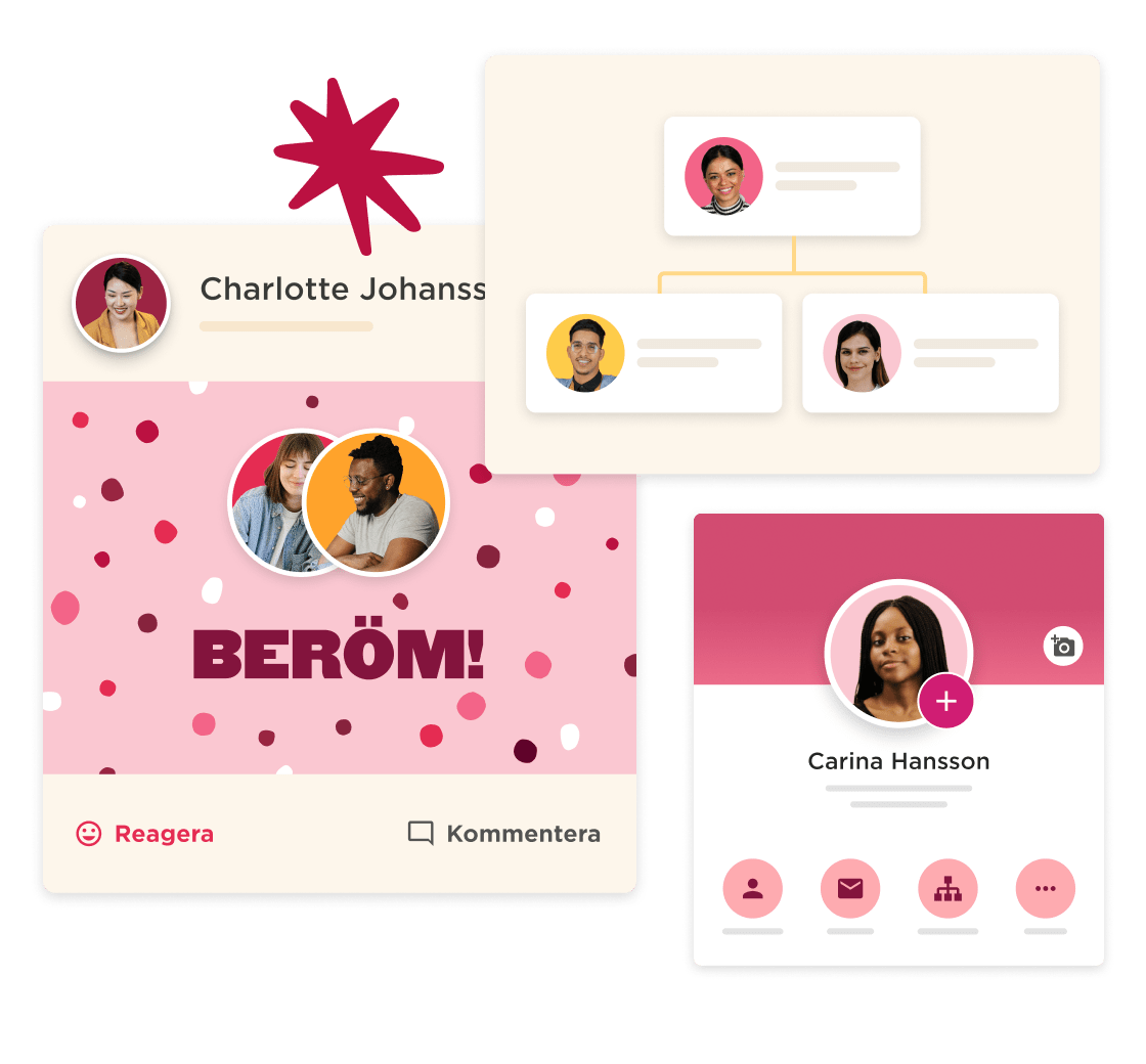 Charlotte Johansson's profile with vibrant design, featuring the word "BERÖM!" and user interaction options., Colorful profile layout with user connections and engaging design elements.