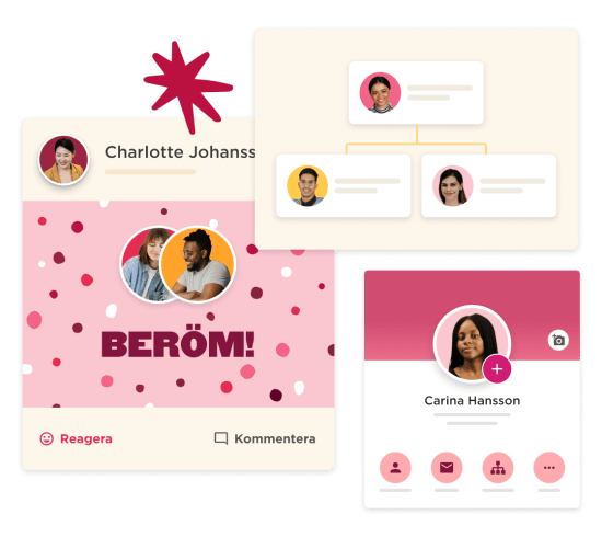 Charlotte Johansson's profile with vibrant design, featuring the word "BERÖM!" and user interaction options., Colorful profile layout with user connections and engaging design elements.