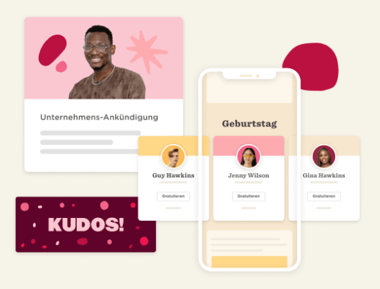 image with a smiling man, birthday announcements, and "Kudos!" graphic, celebration, business announcements, people recognition
